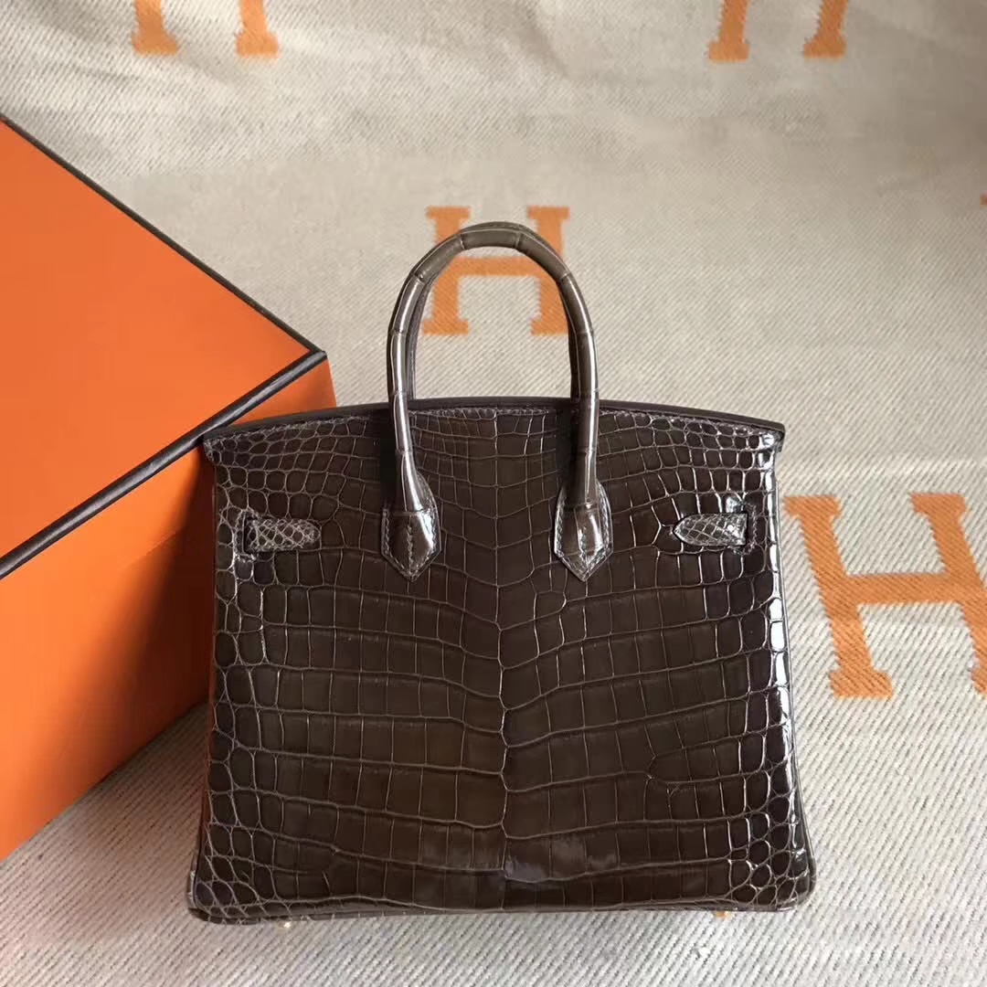 On Sale Hermes Brown Crocodile Shiny Leather Birkin Bag25CM Gold Hardware
