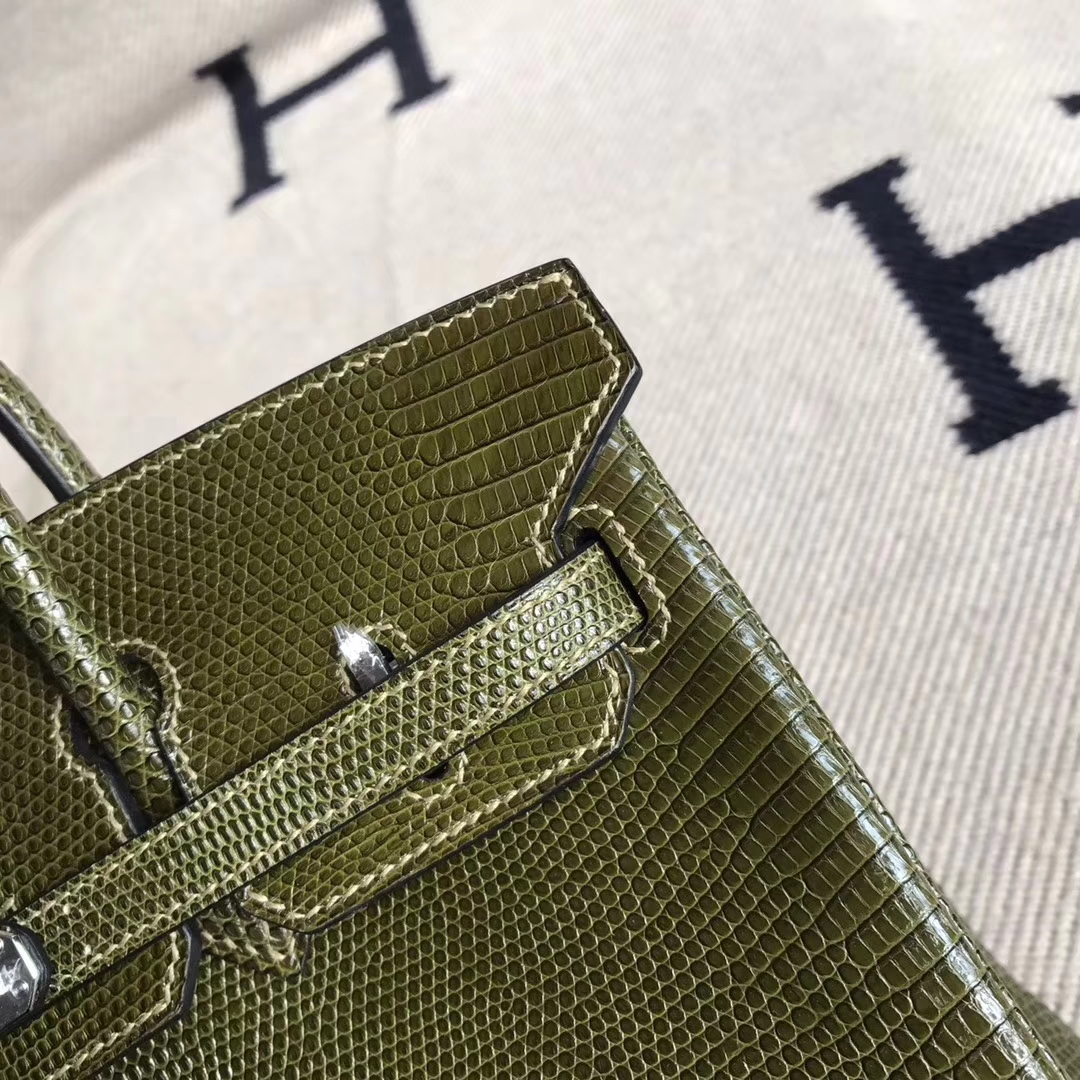 On Sale Hermes Lizard Skin Birkin25CM Bag in V6 Olive Green Silver Hardware