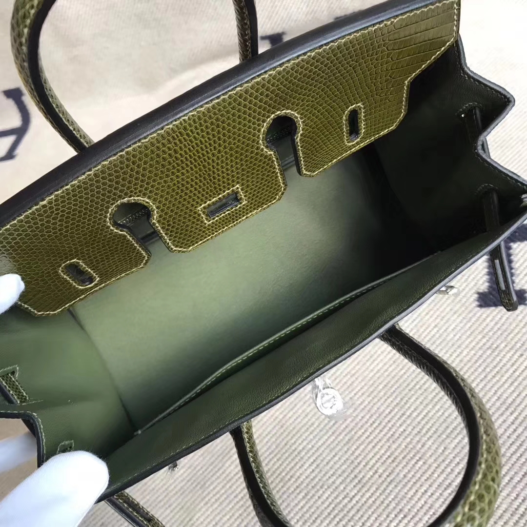 On Sale Hermes Lizard Skin Birkin25CM Bag in V6 Olive Green Silver Hardware