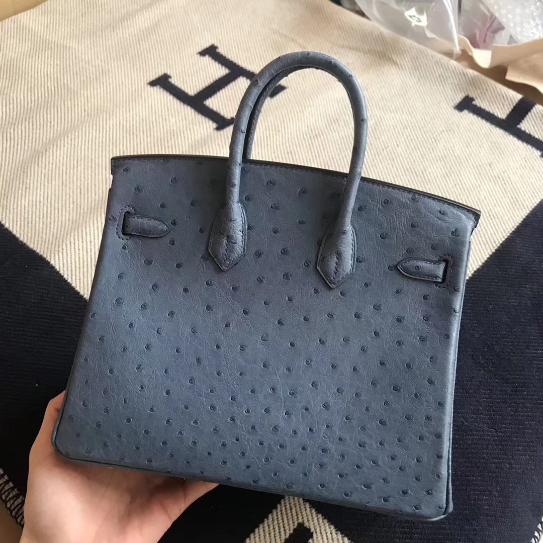 Luxury Hermes 1P Dark Blue Ostrich Leather Birkin25CM Tote Bag