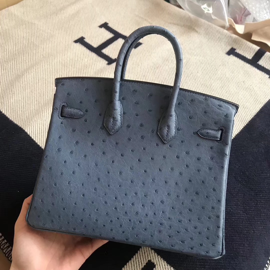 Luxury Hermes 1P Dark Blue Ostrich Leather Birkin25CM Tote Bag