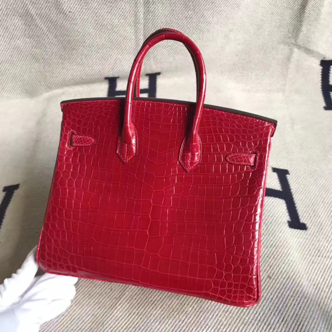 Pretty Hermes Crocodile Shiny Birkin25CM Handbag in Rouge Casaque Gold Hardware