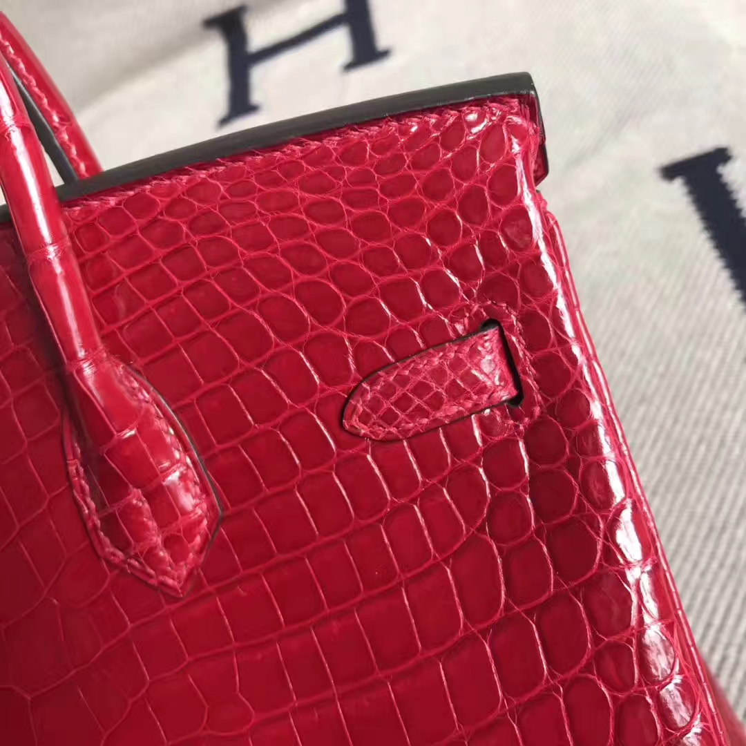 Pretty Hermes Crocodile Shiny Birkin25CM Handbag in Rouge Casaque Gold Hardware