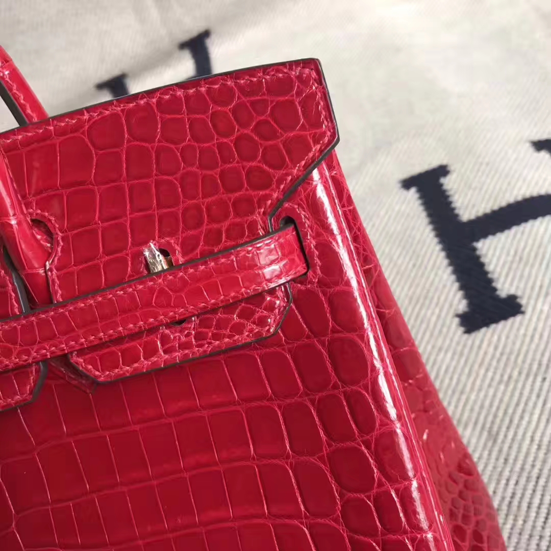 Pretty Hermes Crocodile Shiny Birkin25CM Handbag in Rouge Casaque Gold Hardware
