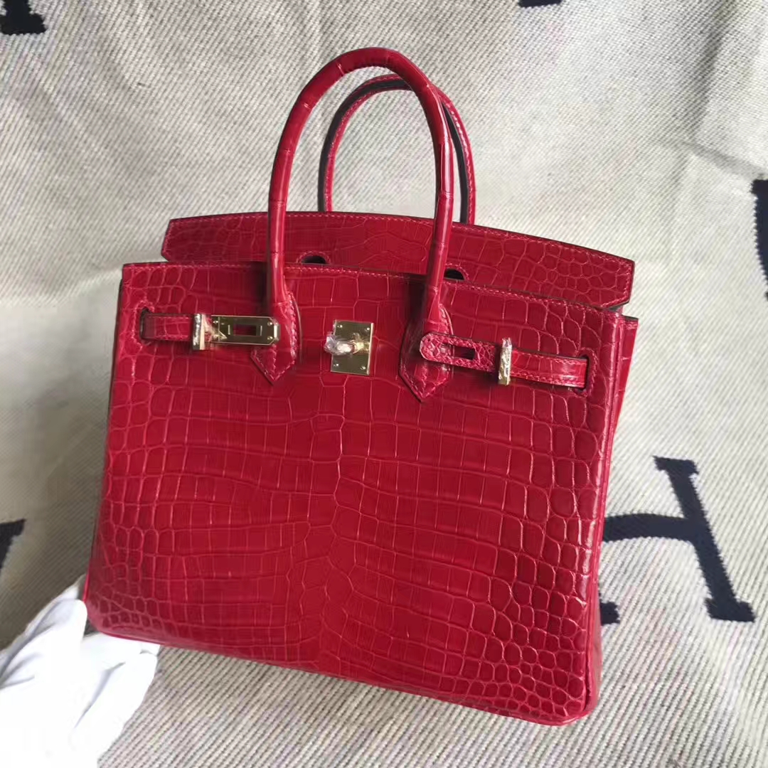 Pretty Hermes Crocodile Shiny Birkin25CM Handbag in Rouge Casaque Gold Hardware