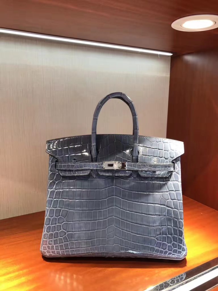 Hermes Crocodile Shiny Leather Birkin Bag 25cm in 7E Bright Blue