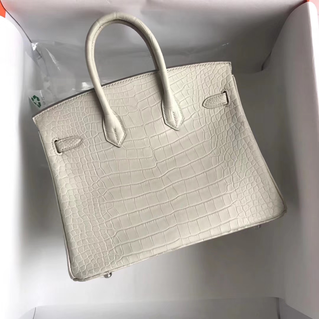 New Arrival Hermes 8L Beton White Matt Crocodile Leather Birkin25CM Bag