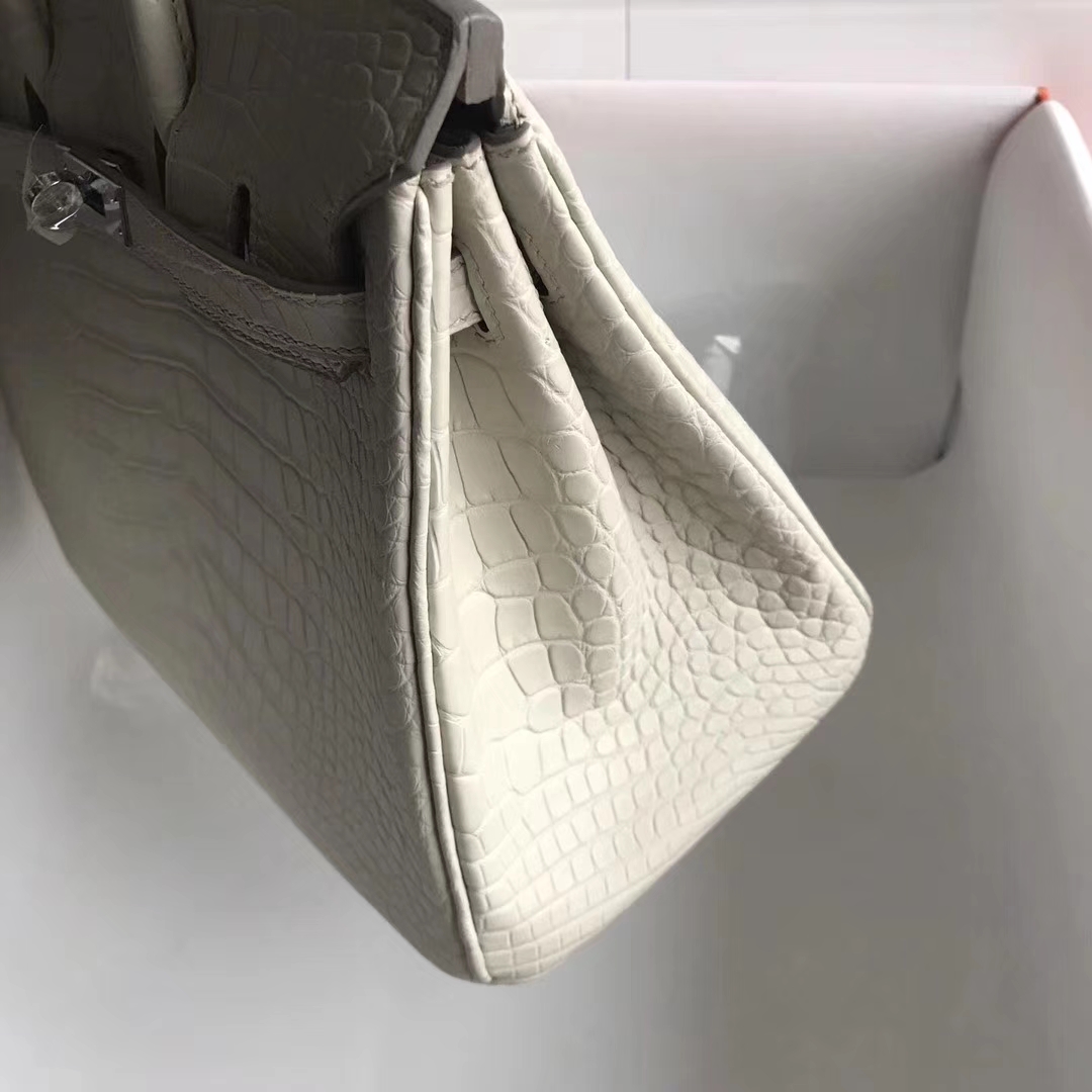 New Arrival Hermes 8L Beton White Matt Crocodile Leather Birkin25CM Bag