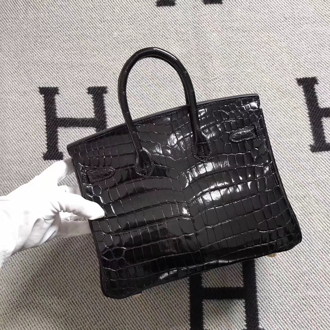 Luxury Hermes CK89 Black Shiny Niloticus Crocodile Birkin25CM Bag Gold Hardware
