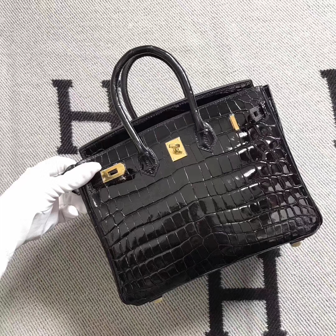 Luxury Hermes CK89 Black Shiny Niloticus Crocodile Birkin25CM Bag Gold Hardware