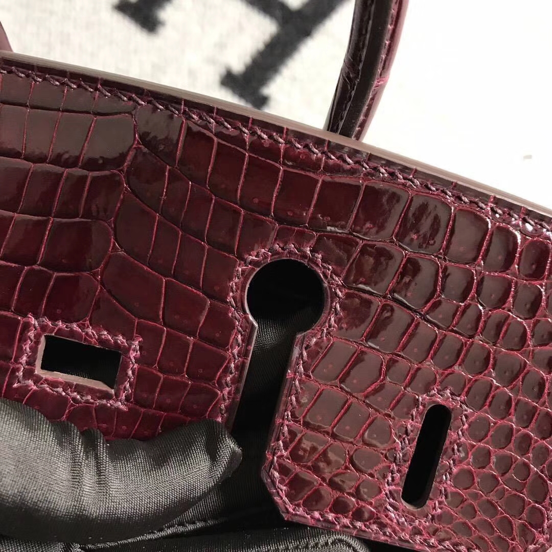 Fashion Hermes Shiny Crocodile Leather Birkin25CM Bag in Bordeaux Red