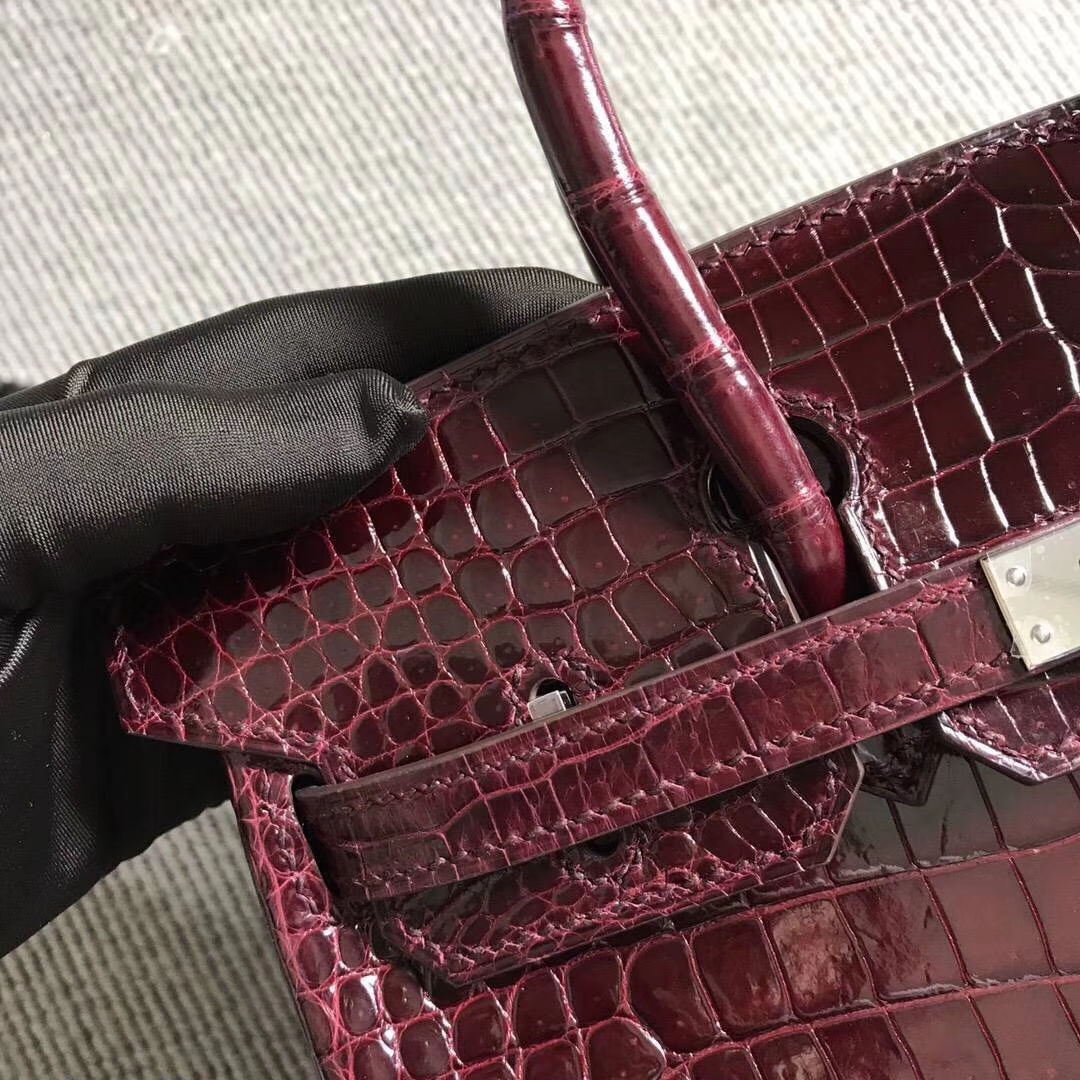 Fashion Hermes Shiny Crocodile Leather Birkin25CM Bag in Bordeaux Red