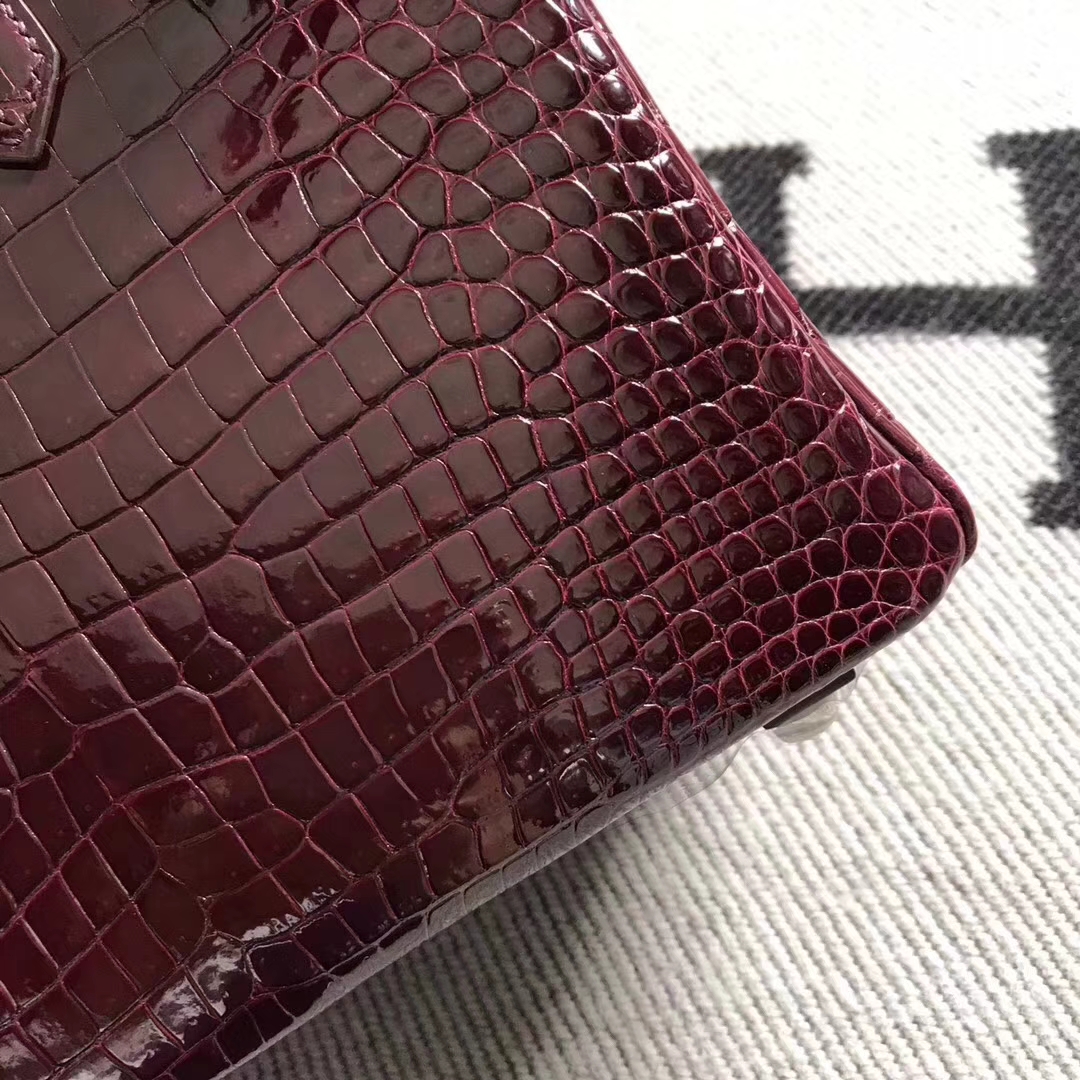Fashion Hermes Shiny Crocodile Leather Birkin25CM Bag in Bordeaux Red
