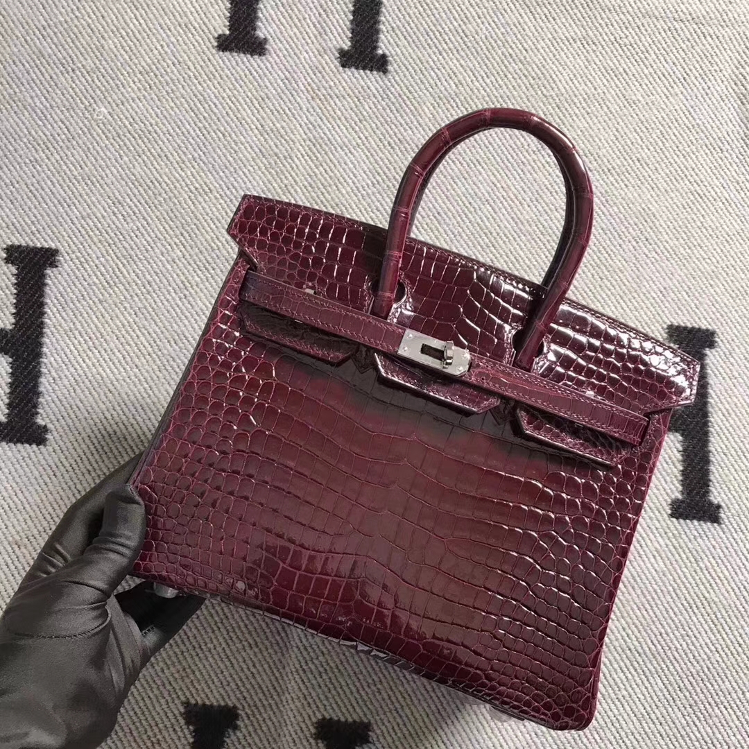 Fashion Hermes Shiny Crocodile Leather Birkin25CM Bag in Bordeaux Red