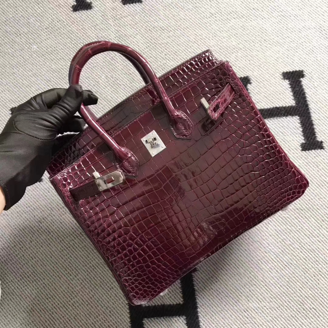 Fashion Hermes Shiny Crocodile Leather Birkin25CM Bag in Bordeaux Red