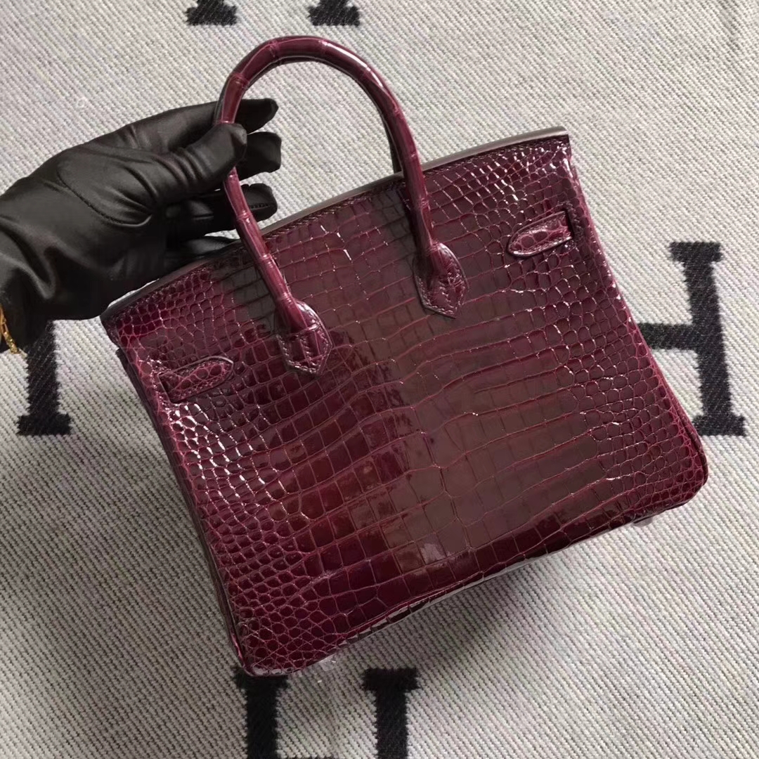 Fashion Hermes Shiny Crocodile Leather Birkin25CM Bag in Bordeaux Red