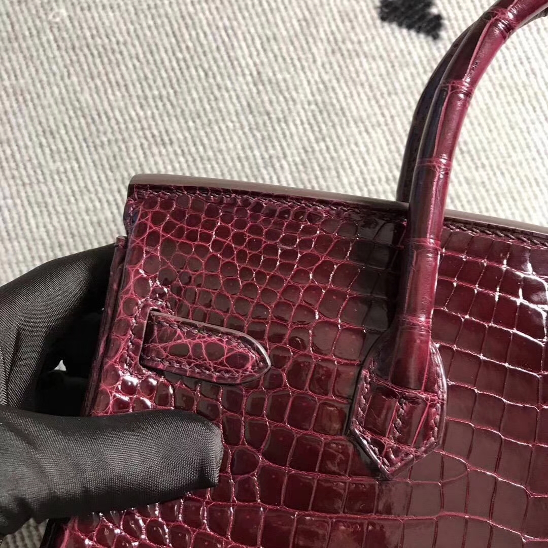 Fashion Hermes Shiny Crocodile Leather Birkin25CM Bag in Bordeaux Red
