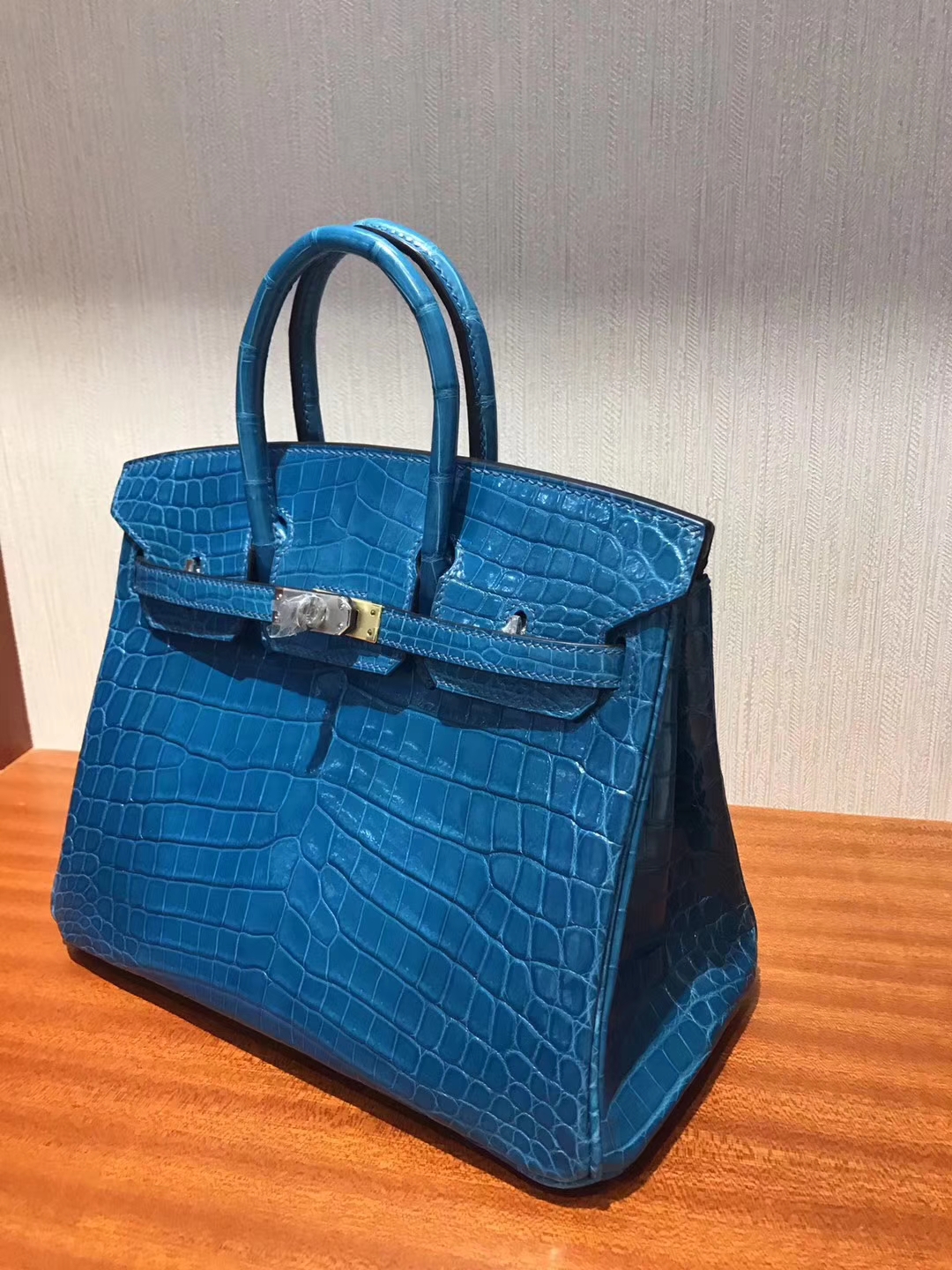 Luxury Hermes 7W Blue Izmir Crocodile Shiny Leather Birkin Bag25CM Silver Hardware