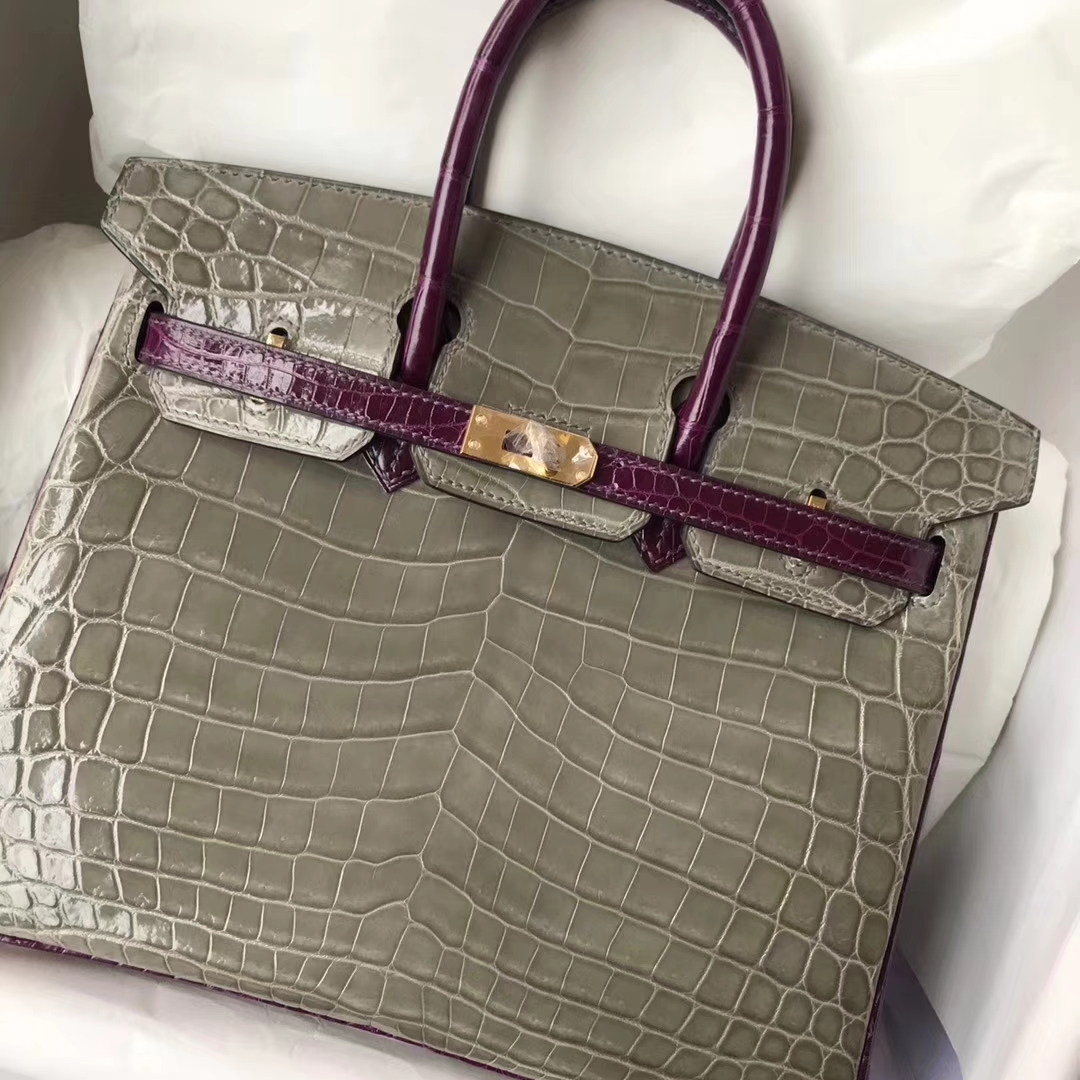 Hermes C81 Gris Tourterelle/N5 Cassis Purple Crocodile Shiny Birkin25CM Bag