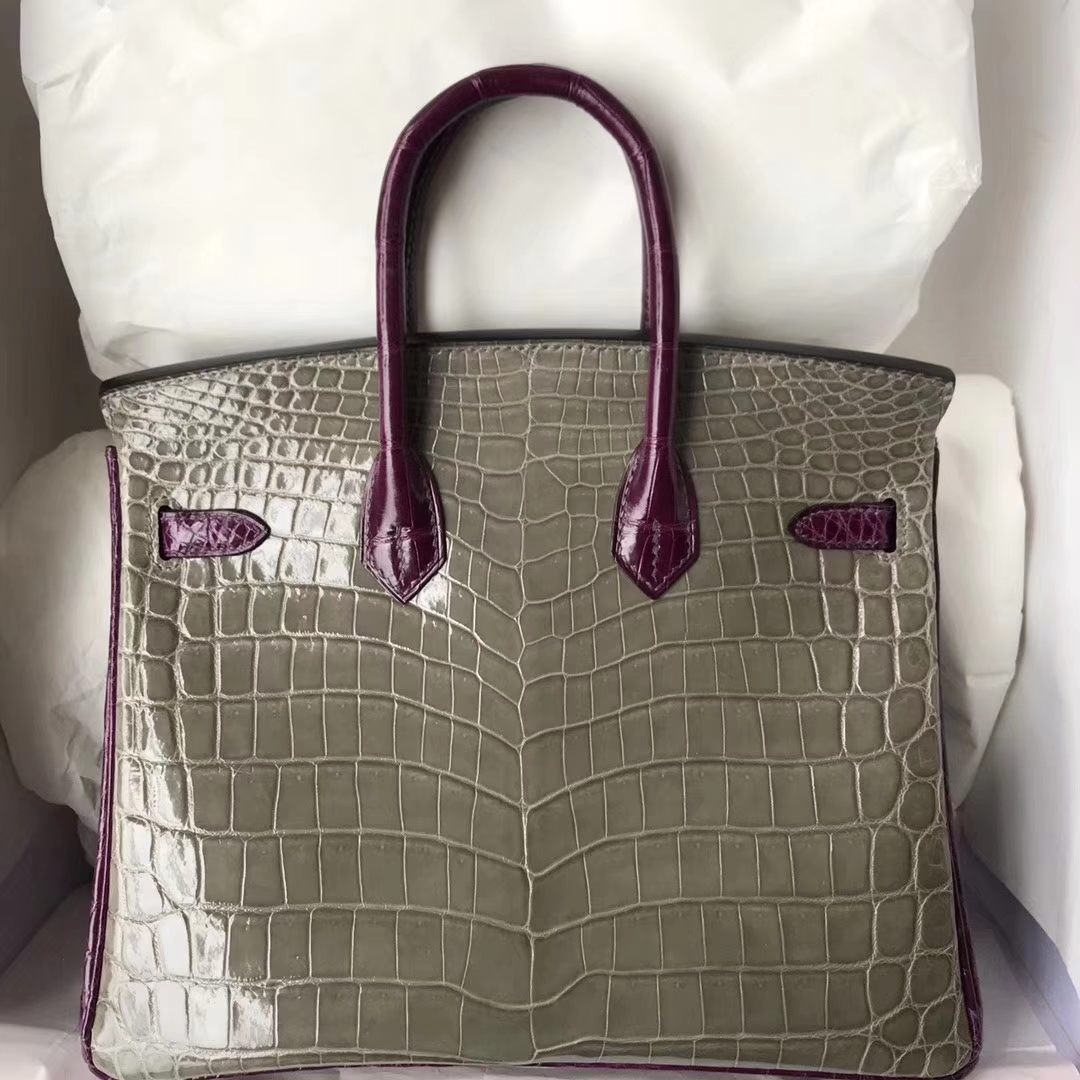 Hermes C81 Gris Tourterelle/N5 Cassis Purple Crocodile Shiny Birkin25CM Bag