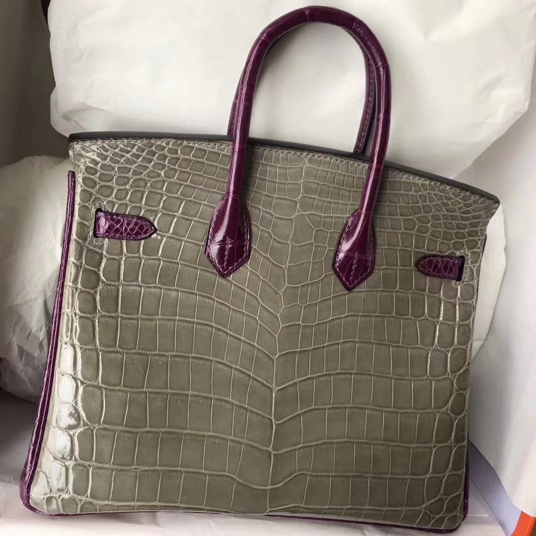 Hermes C81 Gris Tourterelle/N5 Cassis Purple Crocodile Shiny Birkin25CM Bag
