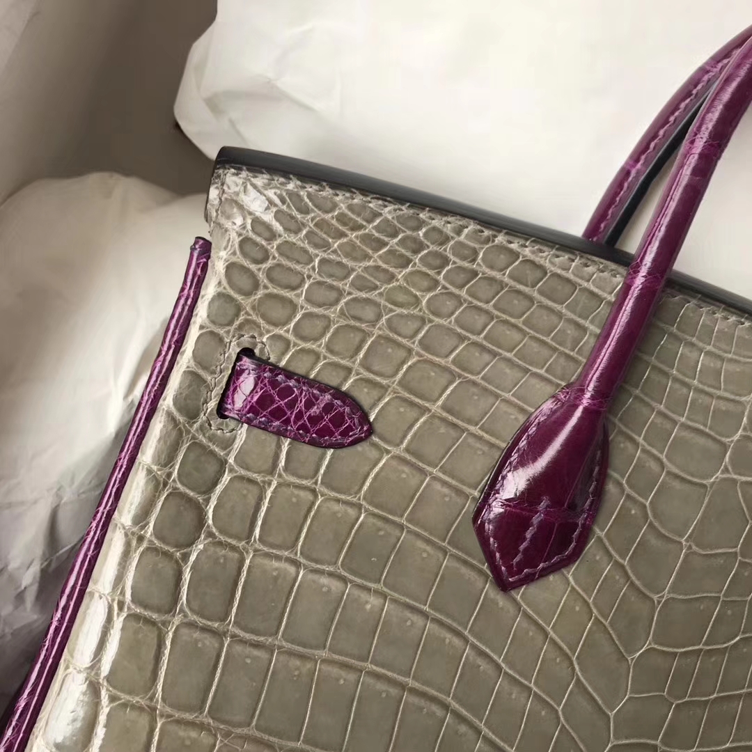Hermes C81 Gris Tourterelle/N5 Cassis Purple Crocodile Shiny Birkin25CM Bag