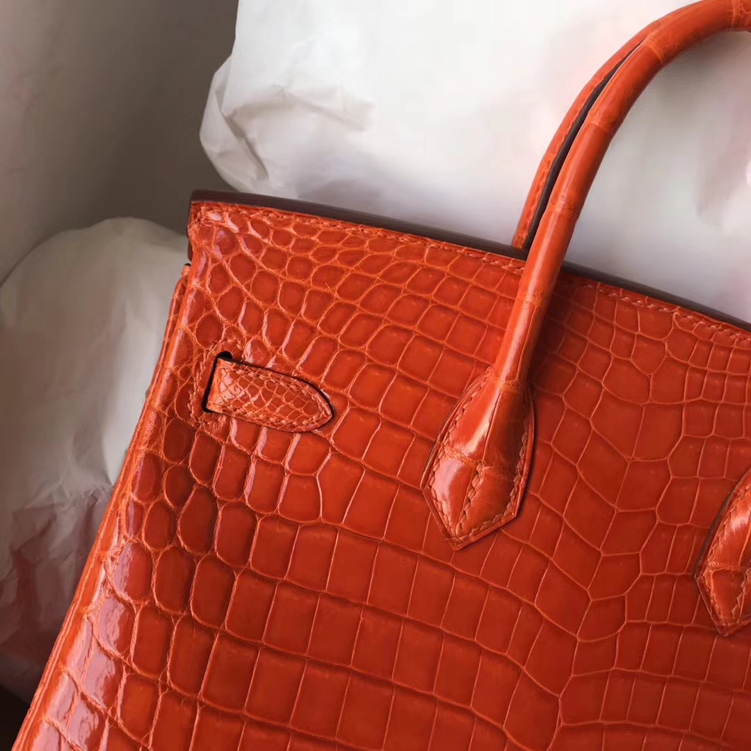 Luxury Hermes 93 Orange Crocodile Shiny Leather Birkin Bag25CM