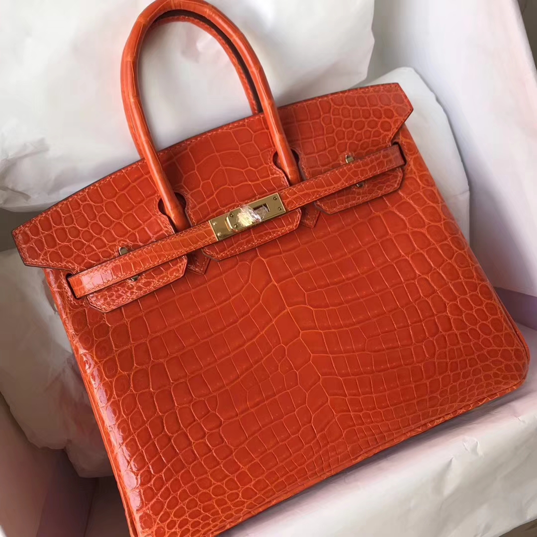 Luxury Hermes 93 Orange Crocodile Shiny Leather Birkin Bag25CM
