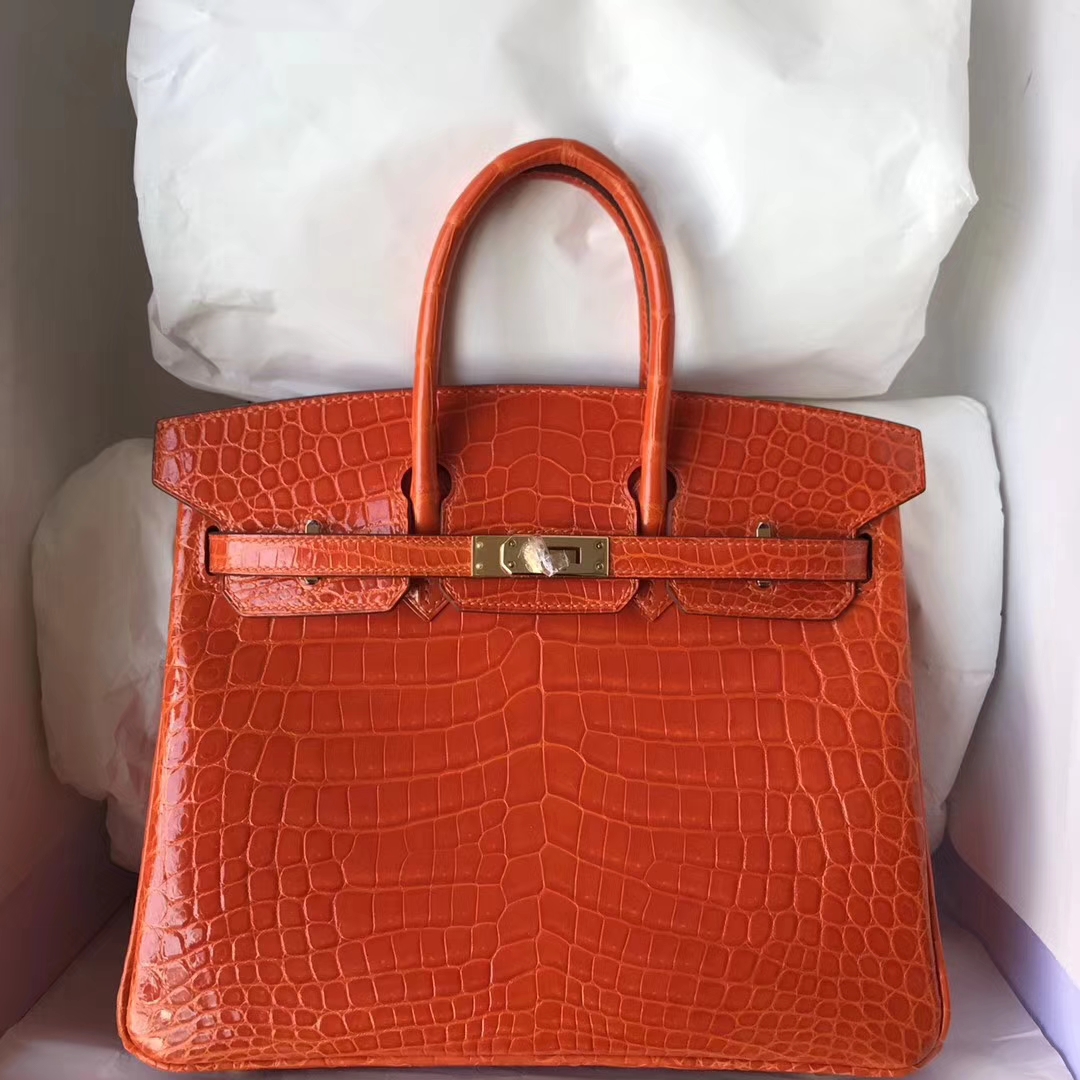 Luxury Hermes 93 Orange Crocodile Shiny Leather Birkin Bag25CM