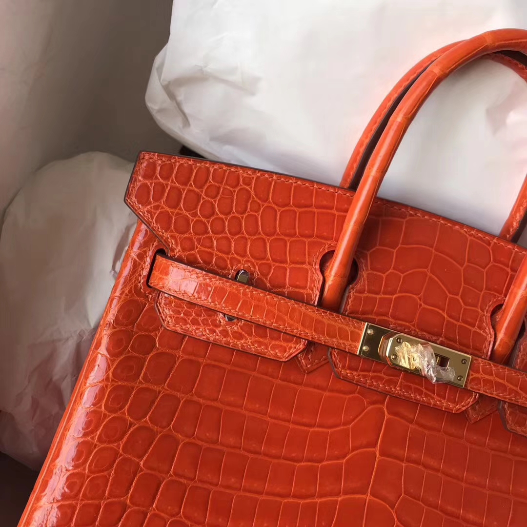 Luxury Hermes 93 Orange Crocodile Shiny Leather Birkin Bag25CM