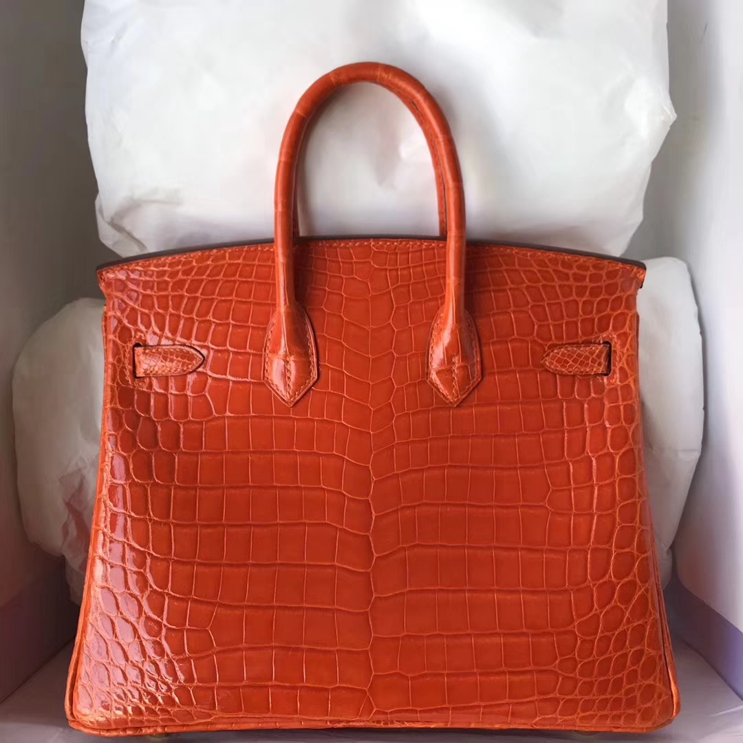 Luxury Hermes 93 Orange Crocodile Shiny Leather Birkin Bag25CM