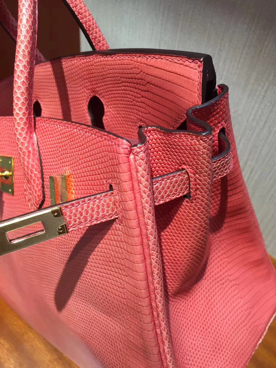 On Sale Hermes 8W Rose Lipstick Lizard Skin Birkin25CM Bag Gold Hardware