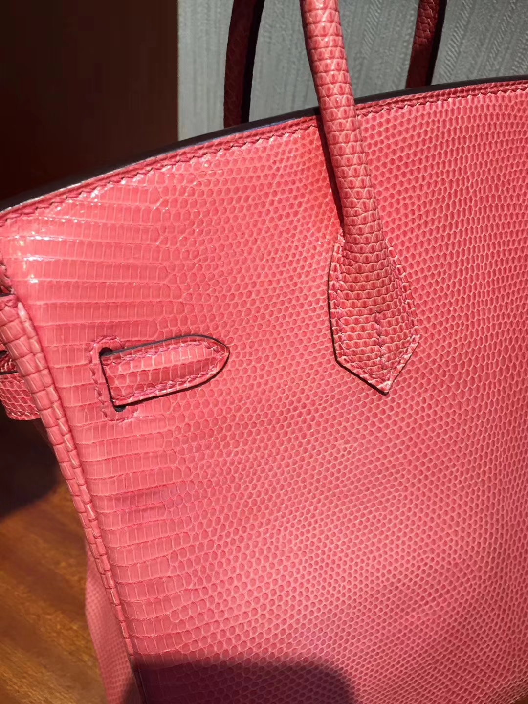 On Sale Hermes 8W Rose Lipstick Lizard Skin Birkin25CM Bag Gold Hardware