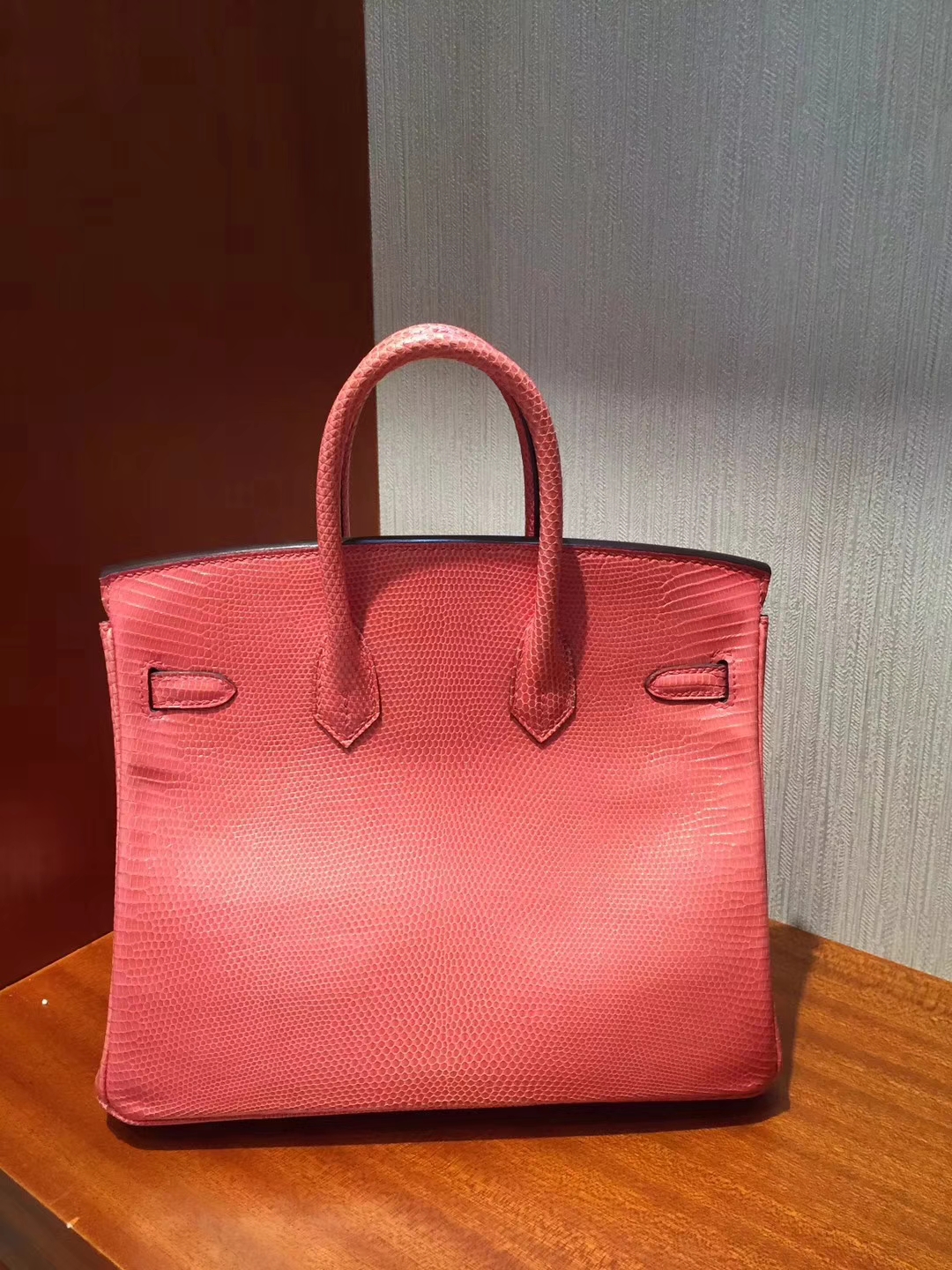 On Sale Hermes 8W Rose Lipstick Lizard Skin Birkin25CM Bag Gold Hardware