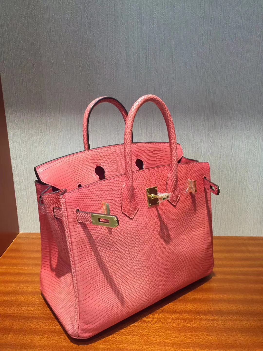 On Sale Hermes 8W Rose Lipstick Lizard Skin Birkin25CM Bag Gold Hardware