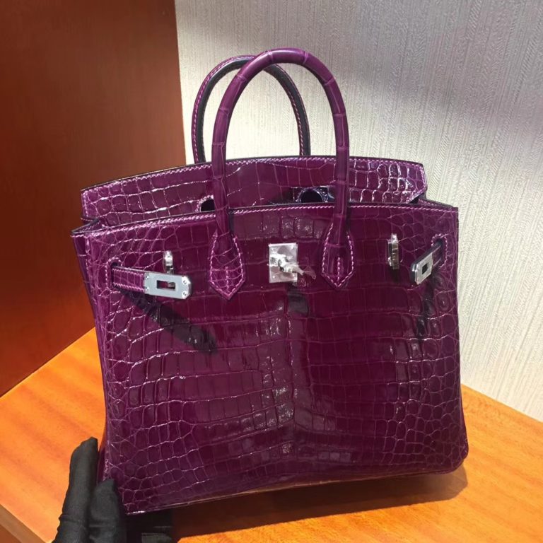 Hermes Grape Purple Shiny Crocodile Leather Birkin Bag 25CM