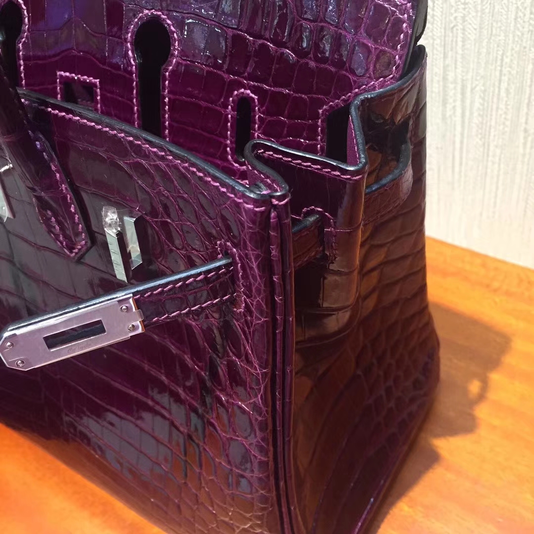 Wholesale Hermes Grape Purple Shiny Crocodile Leather Birkin Bag25CM