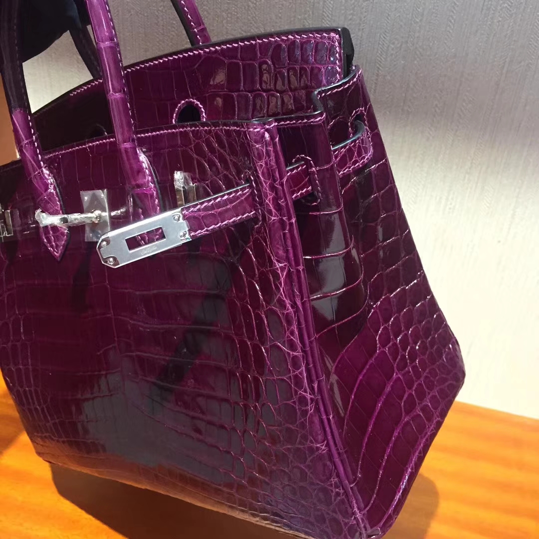 Wholesale Hermes Grape Purple Shiny Crocodile Leather Birkin Bag25CM