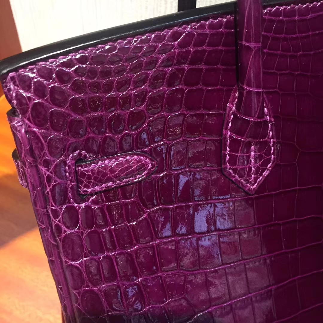 Wholesale Hermes Grape Purple Shiny Crocodile Leather Birkin Bag25CM