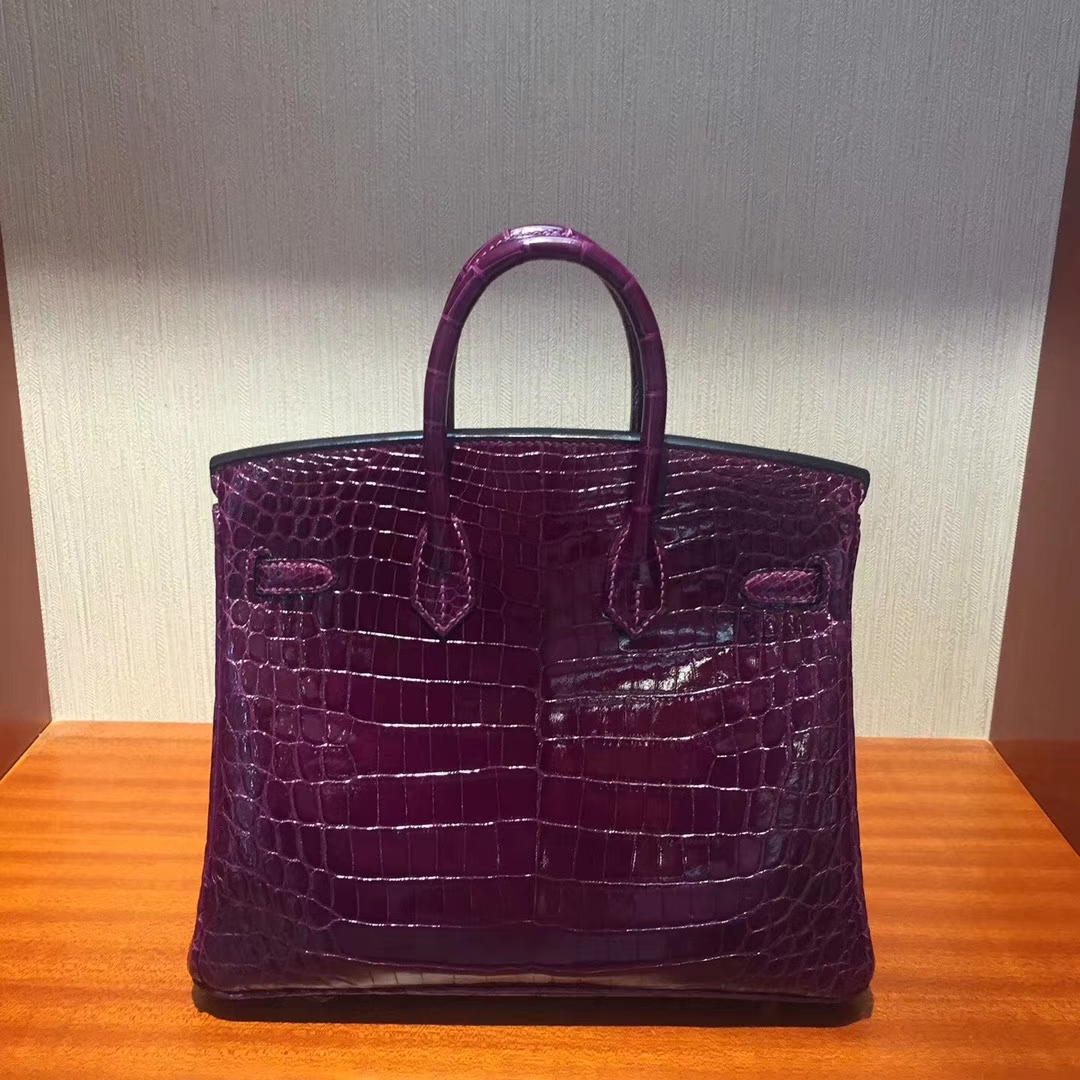 Wholesale Hermes Grape Purple Shiny Crocodile Leather Birkin Bag25CM