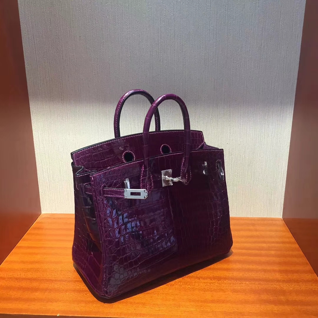 Wholesale Hermes Grape Purple Shiny Crocodile Leather Birkin Bag25CM