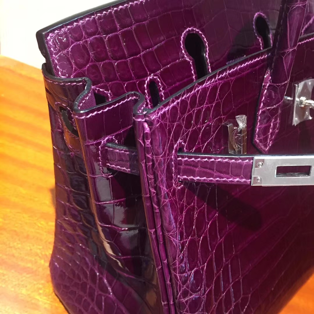 Wholesale Hermes Grape Purple Shiny Crocodile Leather Birkin Bag25CM