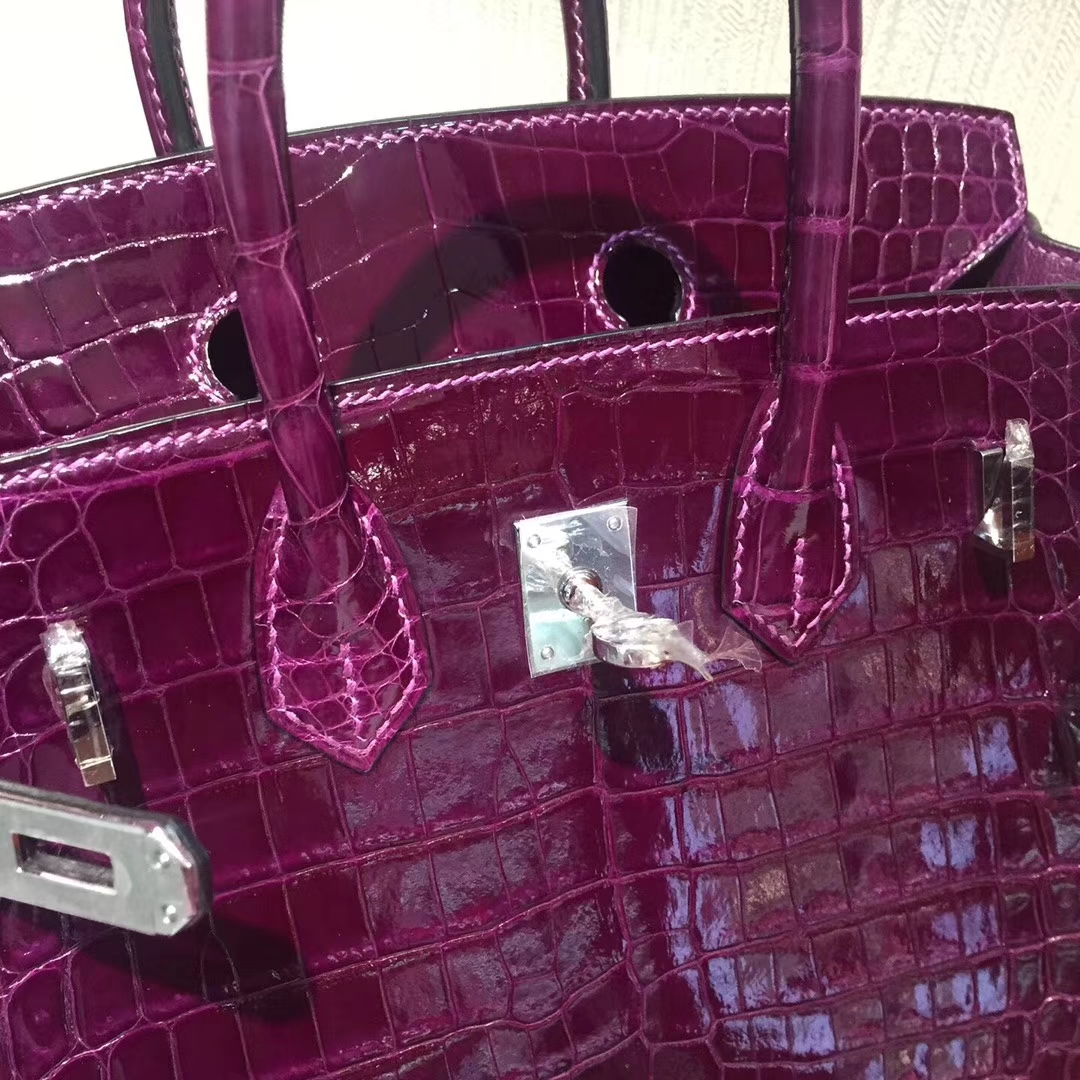 Wholesale Hermes Grape Purple Shiny Crocodile Leather Birkin Bag25CM