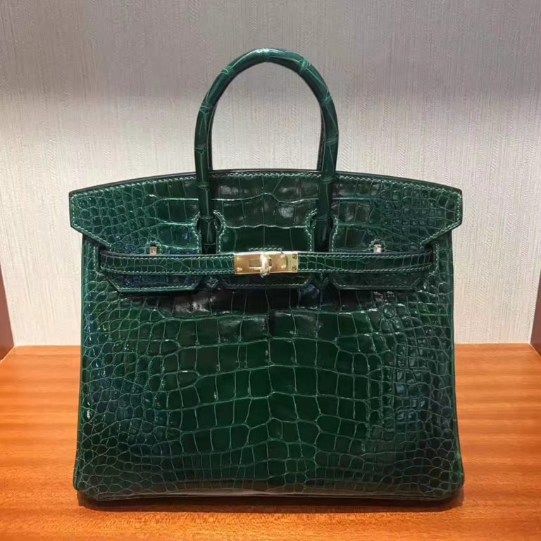 Hermes CK67 Vert Fonce Shiny Crocodile Leather Birkin Bag 25CM Gold Hardware