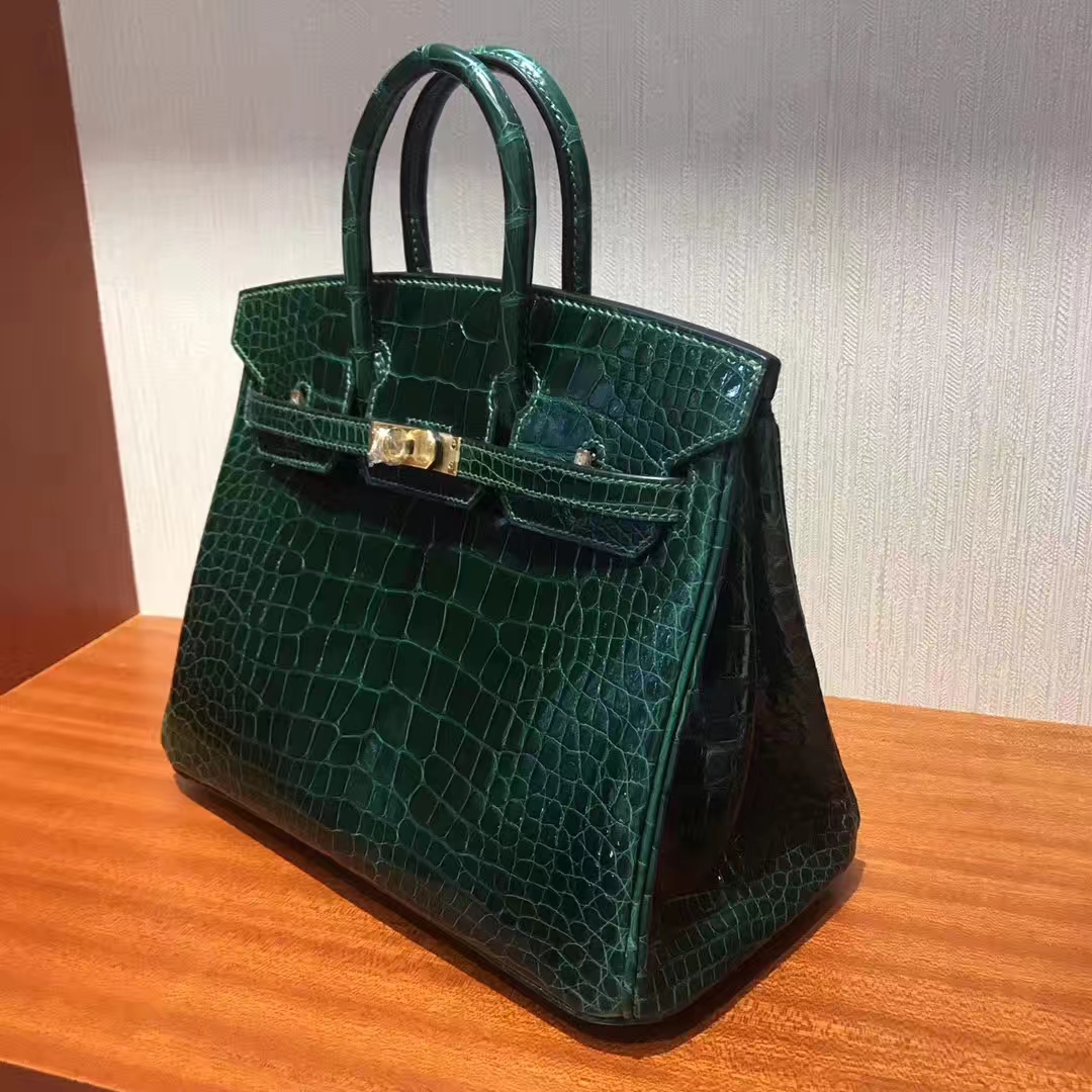 Hermes CK67 Vert Fonce Shiny Crocodile Leather Birkin Bag25CM Gold Hardware