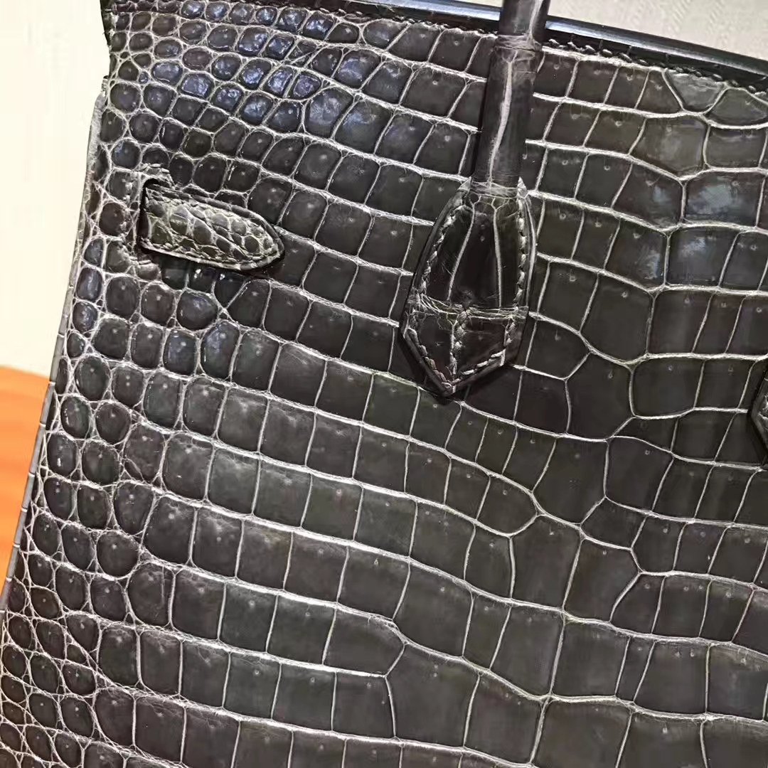 Noble Hermes Pencil Grey Shiny Crocodile Leather Birkin25CM Bag Gold Hardware