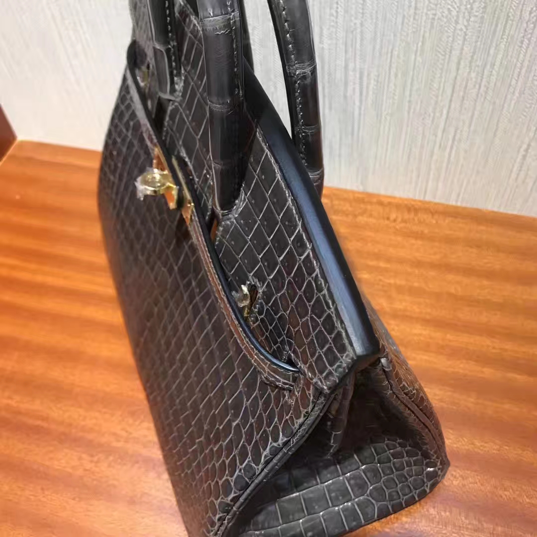 Noble Hermes Pencil Grey Shiny Crocodile Leather Birkin25CM Bag Gold Hardware