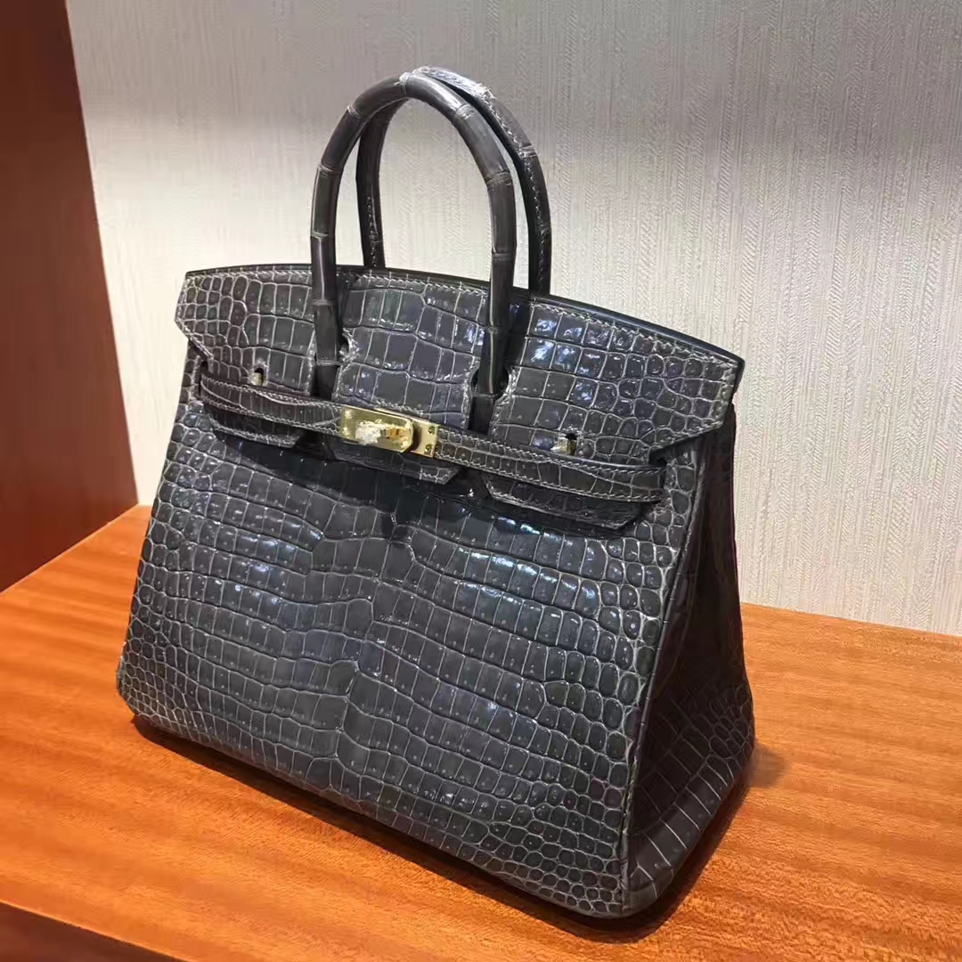 Noble Hermes Pencil Grey Shiny Crocodile Leather Birkin25CM Bag Gold Hardware