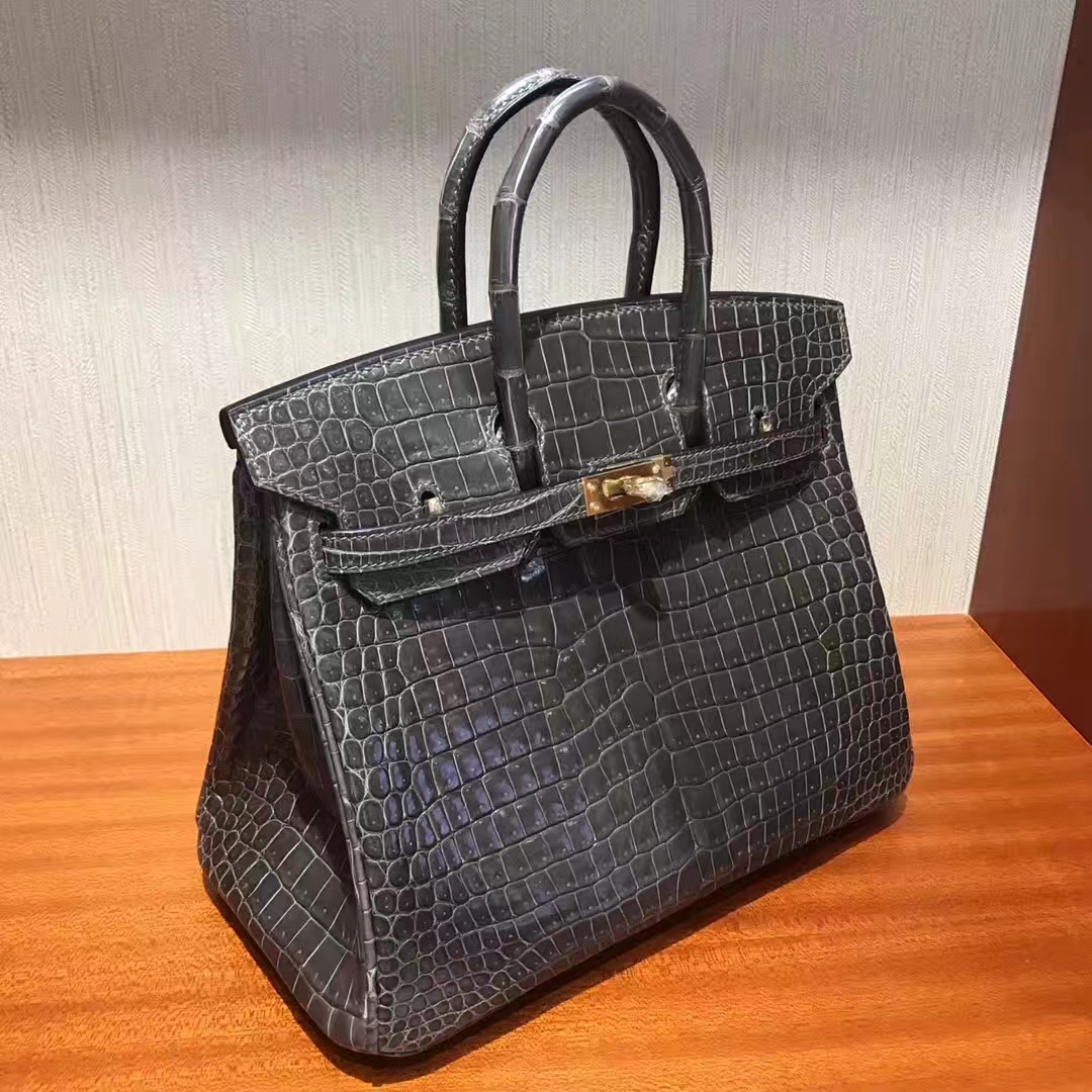 Noble Hermes Pencil Grey Shiny Crocodile Leather Birkin25CM Bag Gold Hardware
