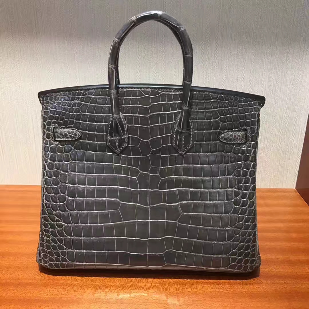 Noble Hermes Pencil Grey Shiny Crocodile Leather Birkin25CM Bag Gold Hardware